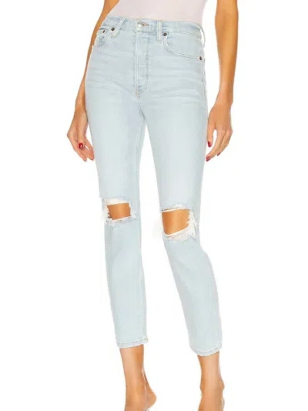 Re Done Jeans 90s High Rise Ankle Crop Distress Button Fly Cotton Denim Blue 26